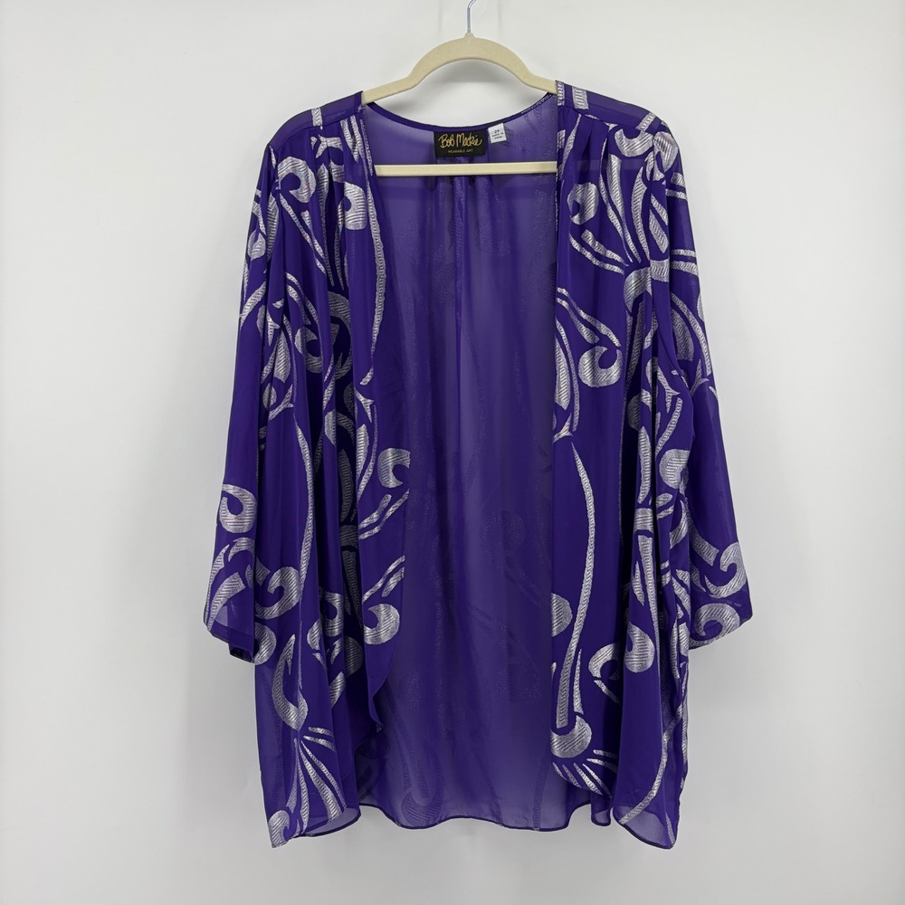 Bob Mackie Womens 2X Purple Silver Cardigan Metallic Scroll Sheer Chiffon Kimono